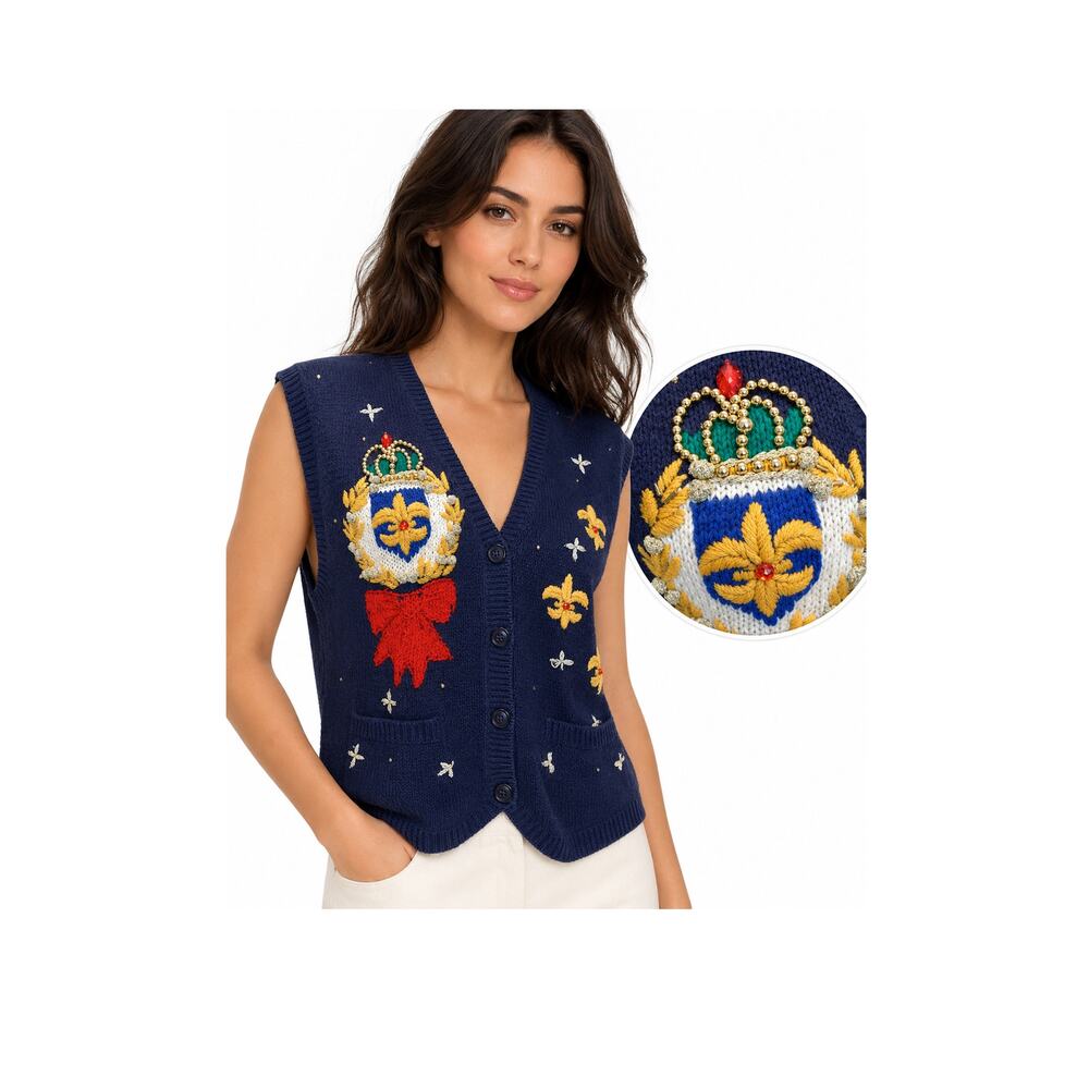 Vintage 80s Chaus Beaded Embroidered Sweater Vest Crown Fleur de Lis